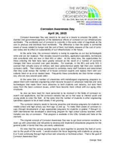 P.O. Box 2544, New York, NYUSA Web Site: www.corrosion.org E-Mail:  Corrosion Awareness Day April 24, 2015