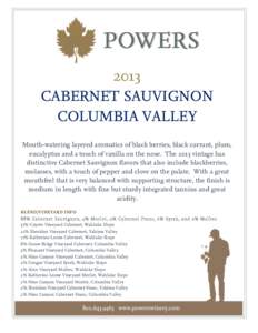    2013 CABERNET SAUVIGNON COLUMBIA VALLEY Mouth-watering layered aromatics of black berries, black currant, plum,