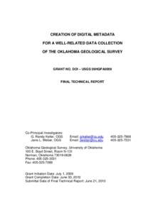 CREATION OF DIGITAL METADATA FOR A WELL-RELATED DATA COLLECTION OF THE OKLAHOMA GEOLOGICAL SURVEY GRANT NO. DOI – USGS 09HQPA0009