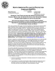 NORTH AMERICAN POLLINATOR PROTECTION CAMPAIGN (NAPPC) PRESS RELEASE AUGUST 15, 2006 CONTACT: