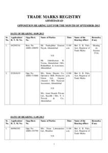 TRADE MARKS REGISTRY AHMEDABAD OPPOSITION HEARING LIST FOR THE MONTH OF SPTEMBER-2013 DATE OF HEARING[removed]Sr. Application/ No. R. T. M. No.