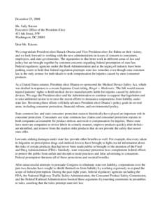 Letter to Obama re amendment of preepmtion laws