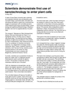 Plant physiology / Nanotechnology / Nanomaterials / Mesoporous silica / Nanoparticle / Protoplast / Gene gun / Transformation / Cell wall / Biology / Molecular biology / Gene delivery
