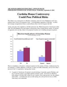 ABC NEWS/WASHINGTON POST POLL: VIEWS OF ISLAM EMBARGOED FOR RELEASE AFTER 6:30 p.m. Wednesday, September 8, 2010 Cordoba House Controversy Could Pose Political Risks The debate over construction of a Muslim community cen