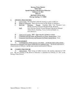 Borrego Water District MINUTES Special Meeting of the Board of Directors February 22, 2011 4:00 p.m. 806 Palm Canyon Drive