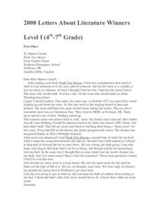 2000 Letters About Literature Winners Level I (4th-7th Grade) First Place To Sharon Creech Walk Two Moons From Caitlin Turner