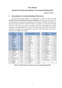 Press Release Waseda University International e-Government Ranking 2013 March, 25th 2013 I.