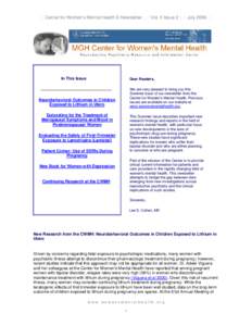 : : Center for Women’s Mental Health E-Newsletter : : : Vol. 3 Issue 2 : : : July 2006 : :  In This Issue Dear Readers, We are very pleased to bring you this