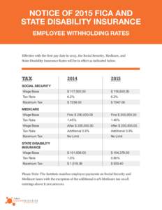 NOTICE OF 2015 FICA AND STATE DISABILITY INSURANCE EMPLOYEE WITHHOLDING RATES Effective with the first pay date in 2015, the Social Security, Medicare, and State Disability Insurance Rates will be in effect as indicated 