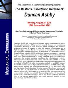 The Department of Mechanical Engineering presents:  The Master’s Dissertation Defense of: Duncan Ashby