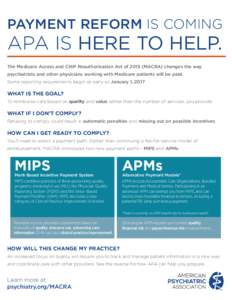 PAYMENT REFORM IS COMING  APA IS HERE TO HELP. The Medicare Access and CHIP Reauthorization Act ofMACRA) changes the way psychiatrists and other physicians working with Medicare patients will be paid. Some reporti