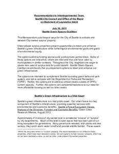 Recommendation to Interdepartmental Team,   Seattle City Council and Office of the Mayor  on Statement of Legislative Intent    July 30, 2015  Seattle Green Spaces Coalition 