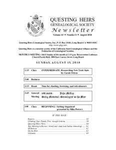QUESTING HEIRS GENEALOGICAL SOCIETY N e w s l e tt e r Volume 43  Number 8  August 2010