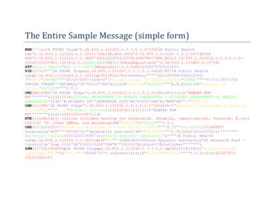 The Entire Sample Message (simple form) MSH|^~\&|IA PHIMS Stage^^ISO|IA Public Health Lab^^ISO|IA.DOH.IDSS^^ISO|IA DOH^.4