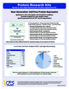 Protein Research Kits  Ready-to-Use High-Performance Protein Expression Kits New Generation Cell-Free Protein Expression Optimized in vitro transcription and translation conditions.