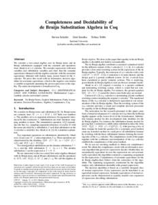 Completeness and Decidability of de Bruijn Substitution Algebra in Coq Steven Sch¨afer Gert Smolka