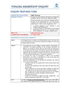 FONASBA MEMBERSHIP ENQUIRY ENQUIRY RESPONSE FORM ORIGINATING ASSOCIATION: ENQUIRY DETAILS:  AMCF (France)