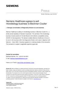 Press Release: Siemens Healthcare agrees to sell microbiology business to Beckman Coulter