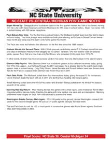 NC STATE VS. CENTRAL MICHIGAN POSTGAME NOTES Bryan Moves Up: George Bryan’s touchdown catch in the first quarter marked the 15th of his career, moving him into a tie (with Owen Spencer and Koren Robinson) for fifth pla