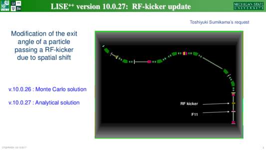 LISE++ version: RF-kicker update Toshiyuki Sumikama’s request Modification of the exit angle of a particle passing a RF-kicker