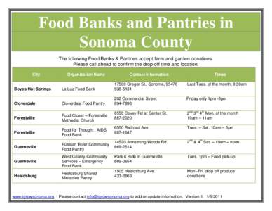 Food Banks and Pantries in Sonoma County The following Food Banks & Pantries accept farm and garden donations. Please call ahead to confirm the drop-off time and location. City