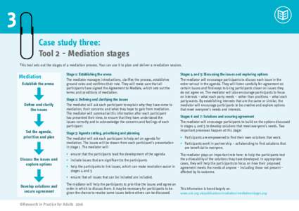3 Case study three: Tool 2 - Mediation stages This tool sets out the stages of a mediation process. You can use it to plan and deliver a mediation session.  Mediation