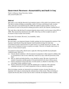 Government Revenues – Accountability and Audit in Iraq Talal A Al-Kassar, Zarqa University, Jordan. [removed] Abstract This study covers both the theoretical and empirical aspects of the audit of governmen