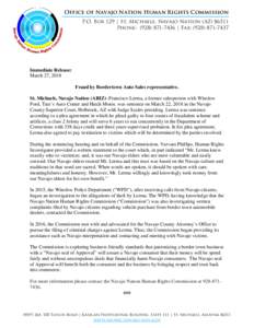 Office of Navajo Nation Human Rights Commission P.O. Box 129 | St. Michaels, Navajo Nation (AZPhone: ( | Fax: (Immediate Release: March 27, 2018
