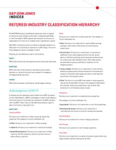 REIT/RESI Industry Classification Hierarchy The REIT/RESI Industry Classification Hierarchy, which is applied to indices carrying the Dow Jones brand, is designed specifically to meet the needs of REIT analysts and inves