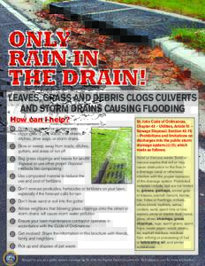 LEAVES, GRASS AND DEBRIS CLOGS CULVERTS AND STORM DRAINS CAUSING FLOODING How can I help? Don’t blow, sweep or dump grass clippings and yard waste into streets, ditches, drive ways, or storm drains.