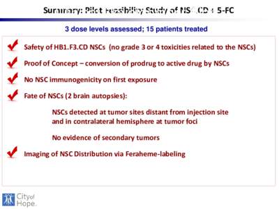 Summary: Pilot Development Feasibility Study of NSC.CD Clinical Plan+ 5-FC 3 dose levels assessed; 15 patients treated