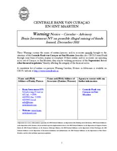 CBCS Warning Brain Investment NV - December 2011