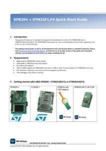 SPB204 + STM32F1,F4 Quick Start Guide  1 Introduction This guide will help you to compile the program and download it to either the STM32F10E-Eval or