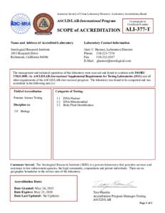 American Society of Crime Laboratory Directors / Laboratory Accreditation Board  ASCLD/LAB-International Program SCOPE of ACCREDITATION