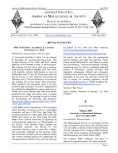 American Malacological Society Newsletter  Fall 2009 NEWSLETTER OF THE AMERICAN MALACOLOGICAL SOCIETY