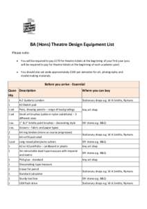 BA (Hons) Theatre Design Equipment List Please note:  You will be required to pay £170 for theatre tickets at the beginning of your first year (you will be required to pay for theatre tickets at the beginning of each