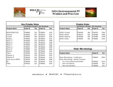 2016 Environmental PT Product and Price List Non-Potable Water  Potable Water