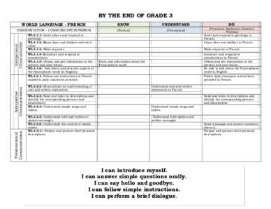 BY THE END OF GRADE 3 WORLD LANGUAGE - FRENCH Interpersonal Communication