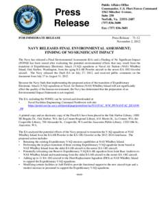 Press Release Public Affairs Office Commander, U.S. Fleet Forces Command 1562 Mitscher Avenue,