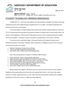 KENTUCKY DEPARTMENT OF EDUCATION NEWS RELEASE No[removed]May 20, 2011