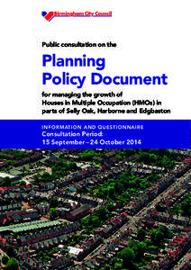 Public consultation on the  Planning Policy Document for managing the growth of Houses in Multiple Occupation (HMOs) in