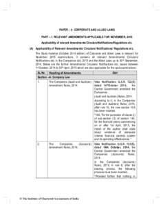PAPER – 4: CORPORATE AND ALLIED LAWS PART – I: RELEVANT AMENDMENTS APPLICABLE FOR NOVEMBER, 2015 Applicability of relevant Amendments/Circulars/Notifications/Regulations etc. (A) Applicability of Relevant Amendments/