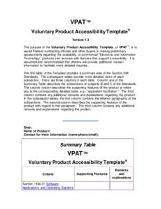 VPAT ™ Voluntary Product Accessibility Template® Version 1.3 The purpose of the Voluntary Product Accessibility Template, or VPAT ™, is to assist Federal contracting officials and other buyers in making preliminary 