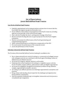 Set of Expectations Jessie Ball duPont Fund Trustee Core Work of duPont Fund Trustees  Establish organizational and investment policies and practices to ensure that the Fund fulfills the highest standards of the publi