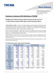 Summary of January 2016 Activities at TOCOM TOCOM January Volume Averaged 128,910 Contracts per Day, Up 27.5 % -- Crude Oil Futures Volume Hit New High for Second Consecutive Month (Tokyo, February 2, 2016）The Tokyo Co
