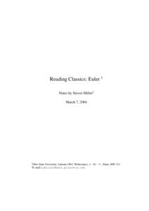 Reading Classics: Euler 1 Notes by Steven Miller2 March 7, Ohio