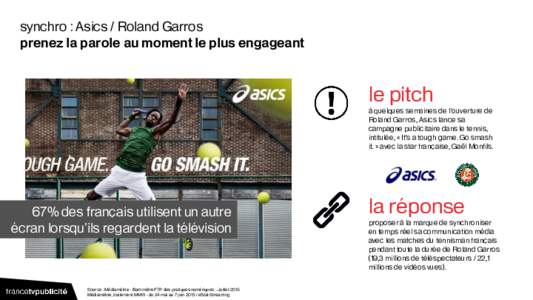 synchro : Asics / Roland Garros prenez la parole au moment le plus engageant le pitch à quelques semaines de l’ouverture de Roland Garros, Asics lance sa