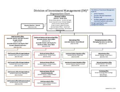 Division of Investment Management (IM)* Organization Chart Director’s Office Director: David Grim  Deputy Director: Vacant