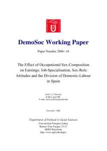 DemoSoc Working Paper Paper Number[removed]The Effect of Occupational Sex-Composition on Earnings: Job-Specialisation, Sex-Role Attitudes and the Division of Domestic-Labour