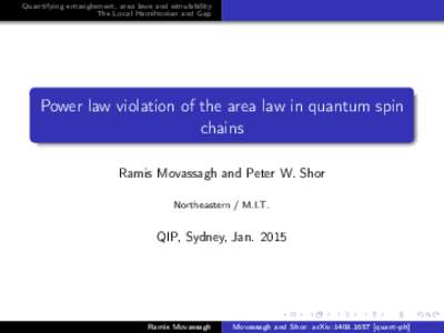 Quantifying entanglement, area laws and simulability The Local Hamiltonian and Gap Power law violation of the area law in quantum spin chains Ramis Movassagh and Peter W. Shor